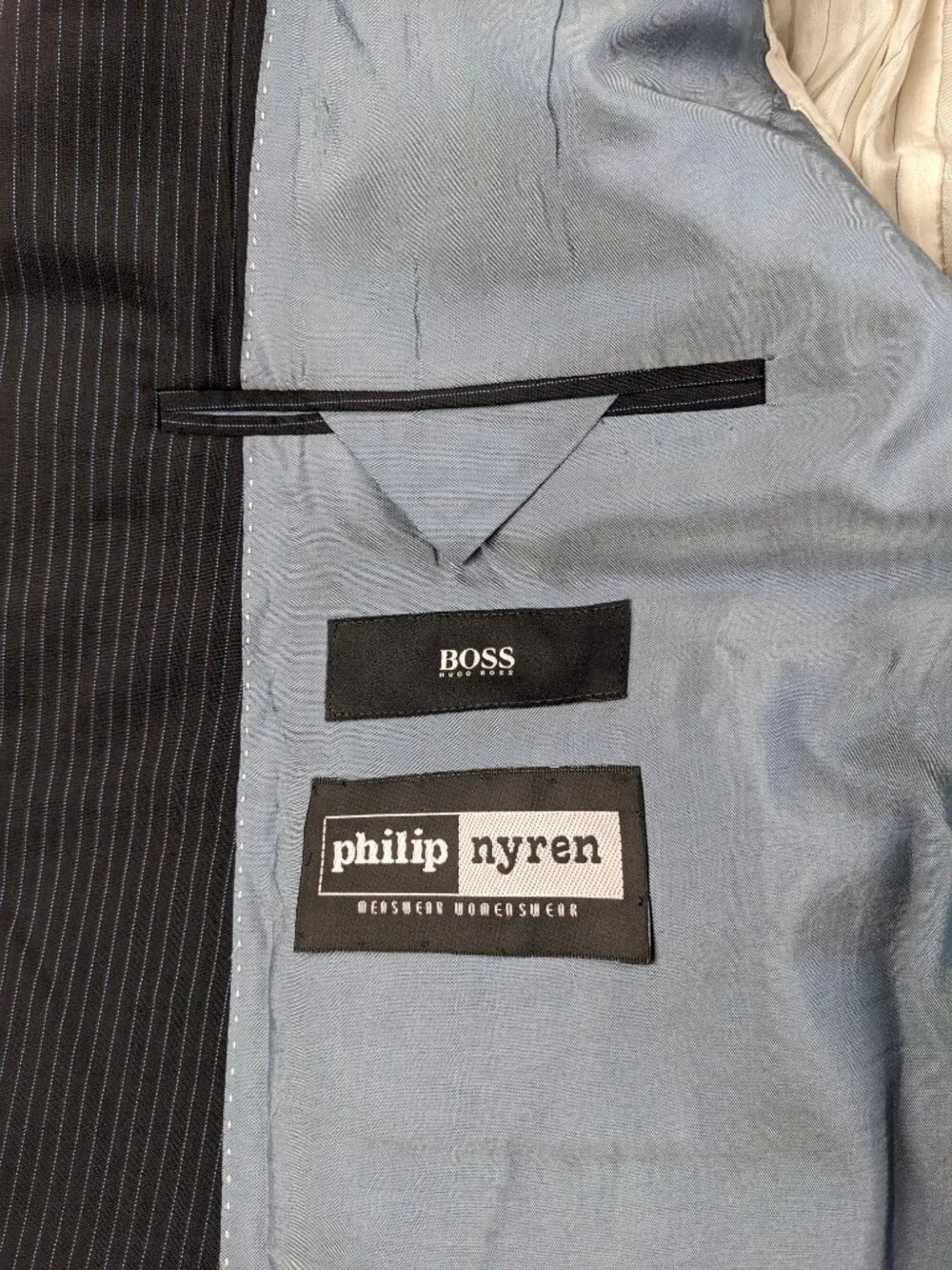 Hugo Boss 46R Wool Pinstripe 2 PC Suit Pasolini 1 Movie 1 Black Blue 40x30